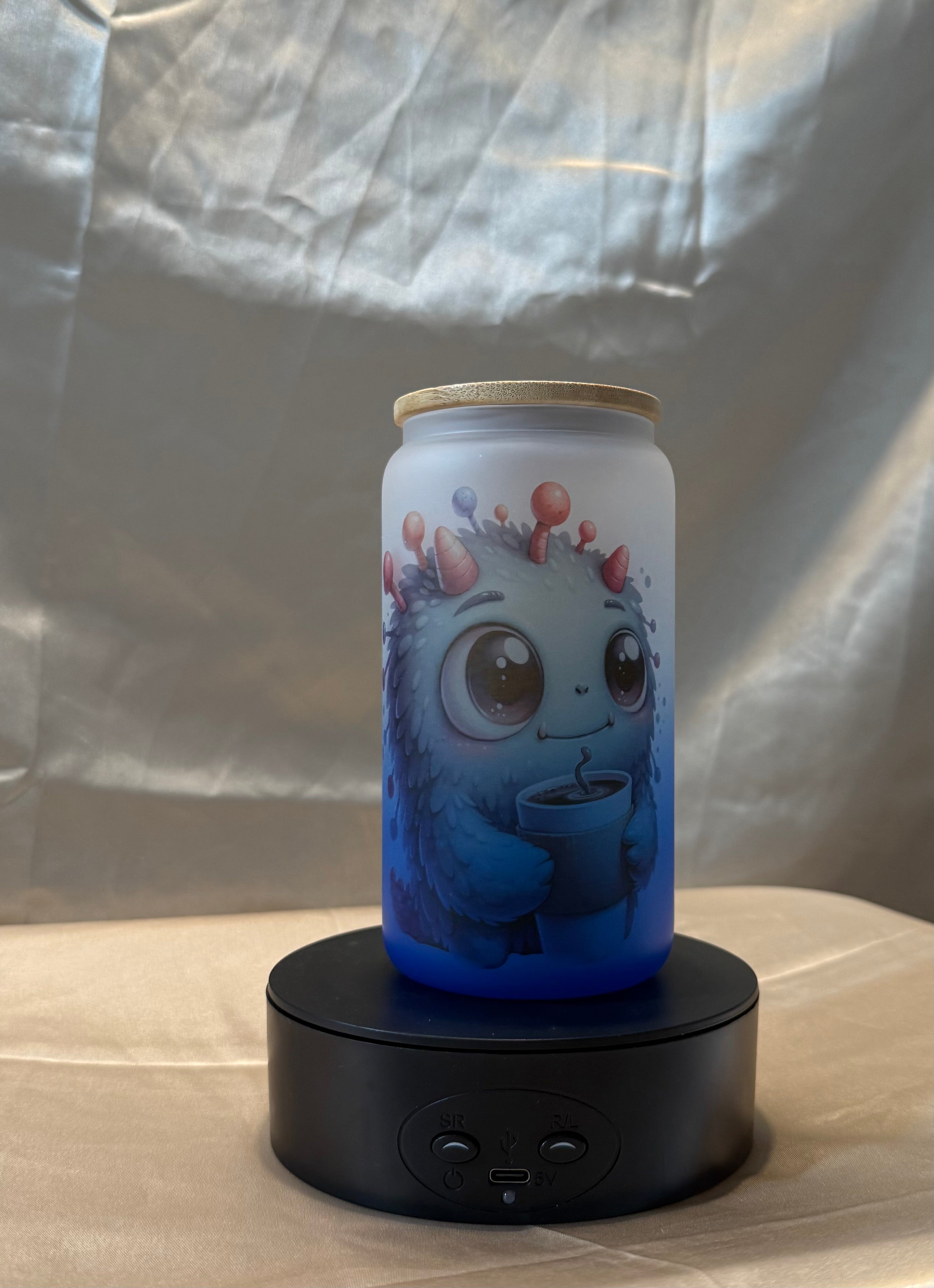 👾 Süßes Monster Trinkglas Blau mit Bambusdeckel