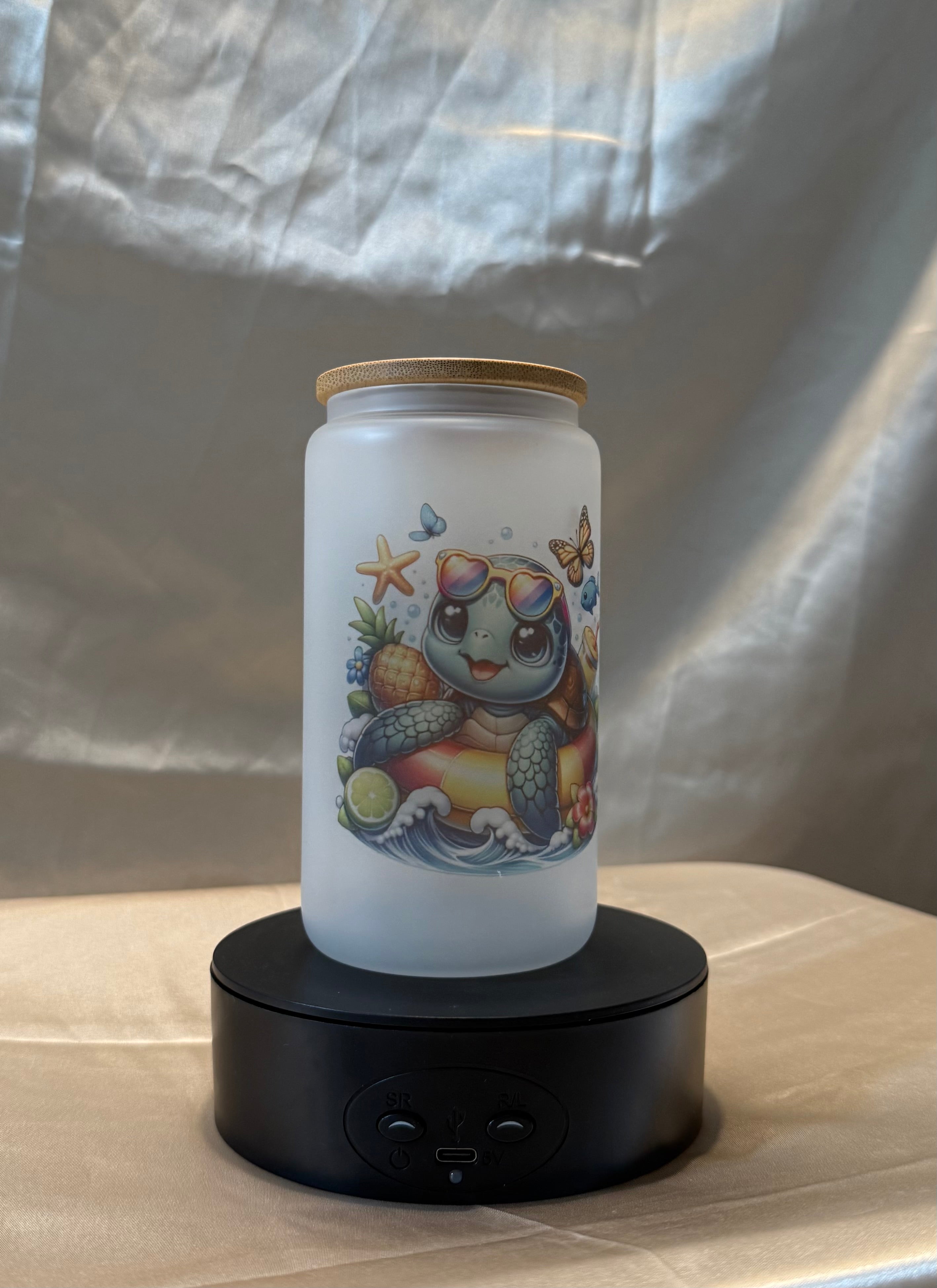 🐢 Sommerliches Trinkglas mit Schildkröten-Motiv & Bambusdeckel