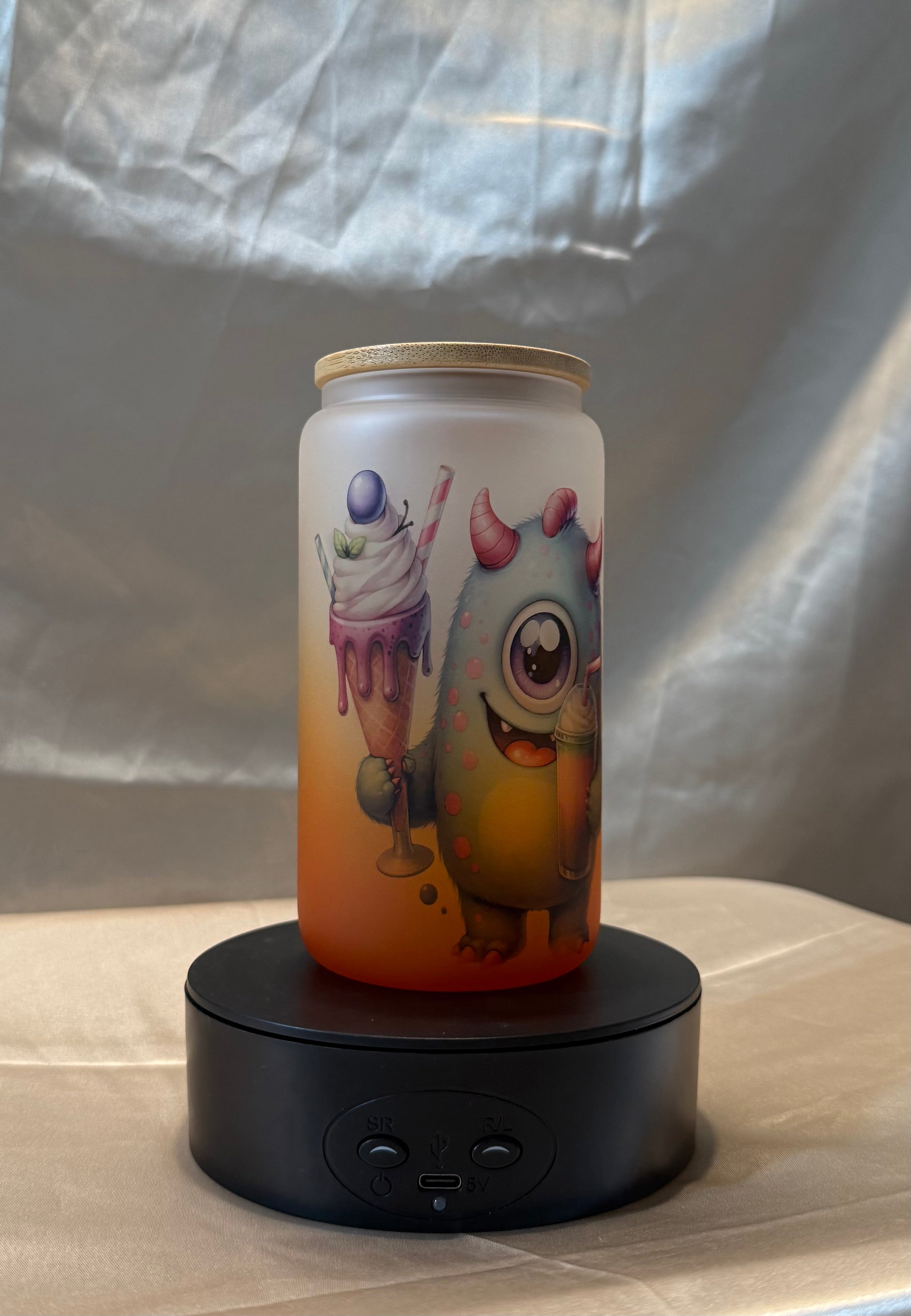 🍦 Süßes Monster Trinkglas Orange  Milchglas mit Bambusdeckel