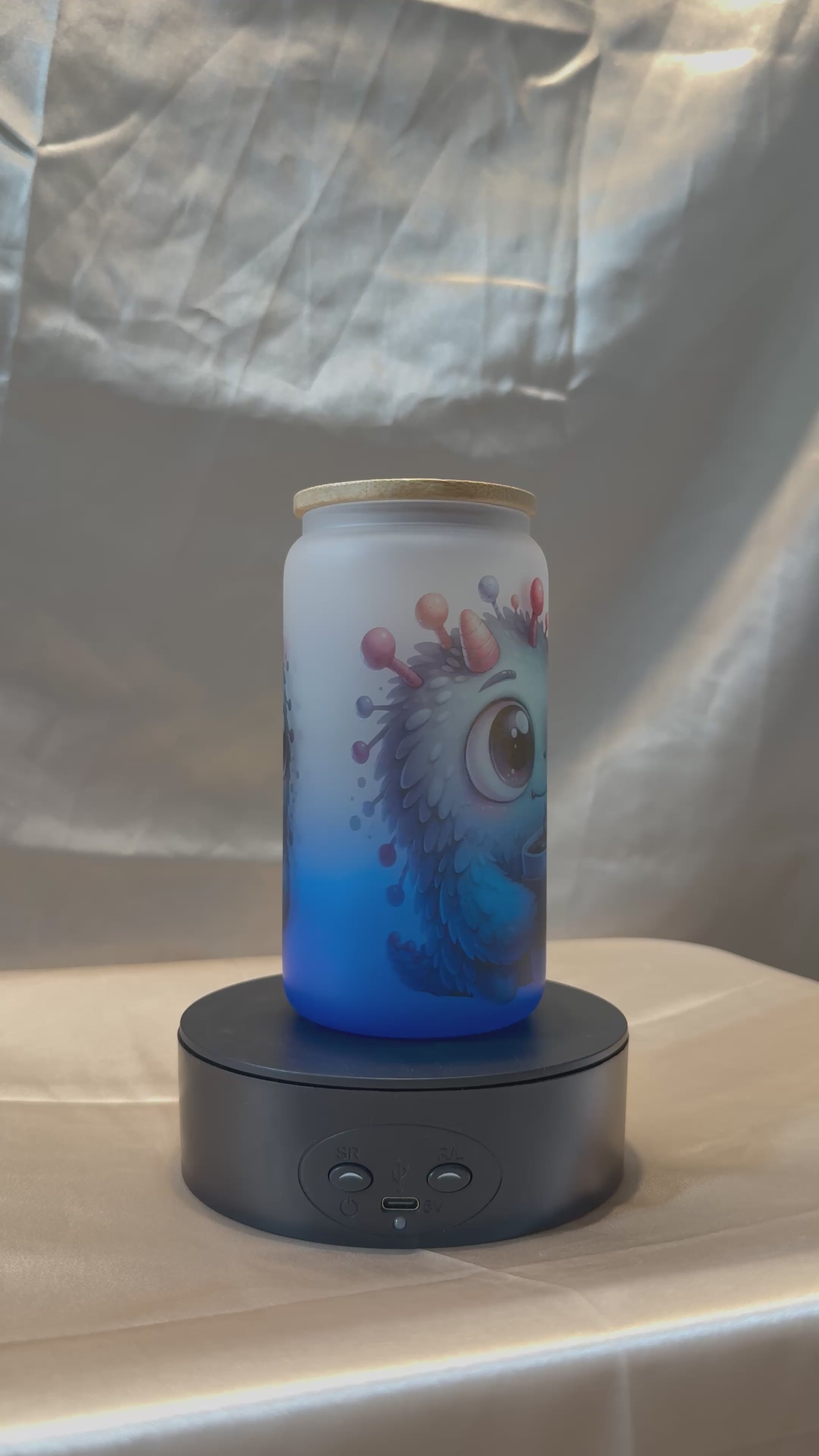 👾 Süßes Monster Trinkglas Blau mit Bambusdeckel